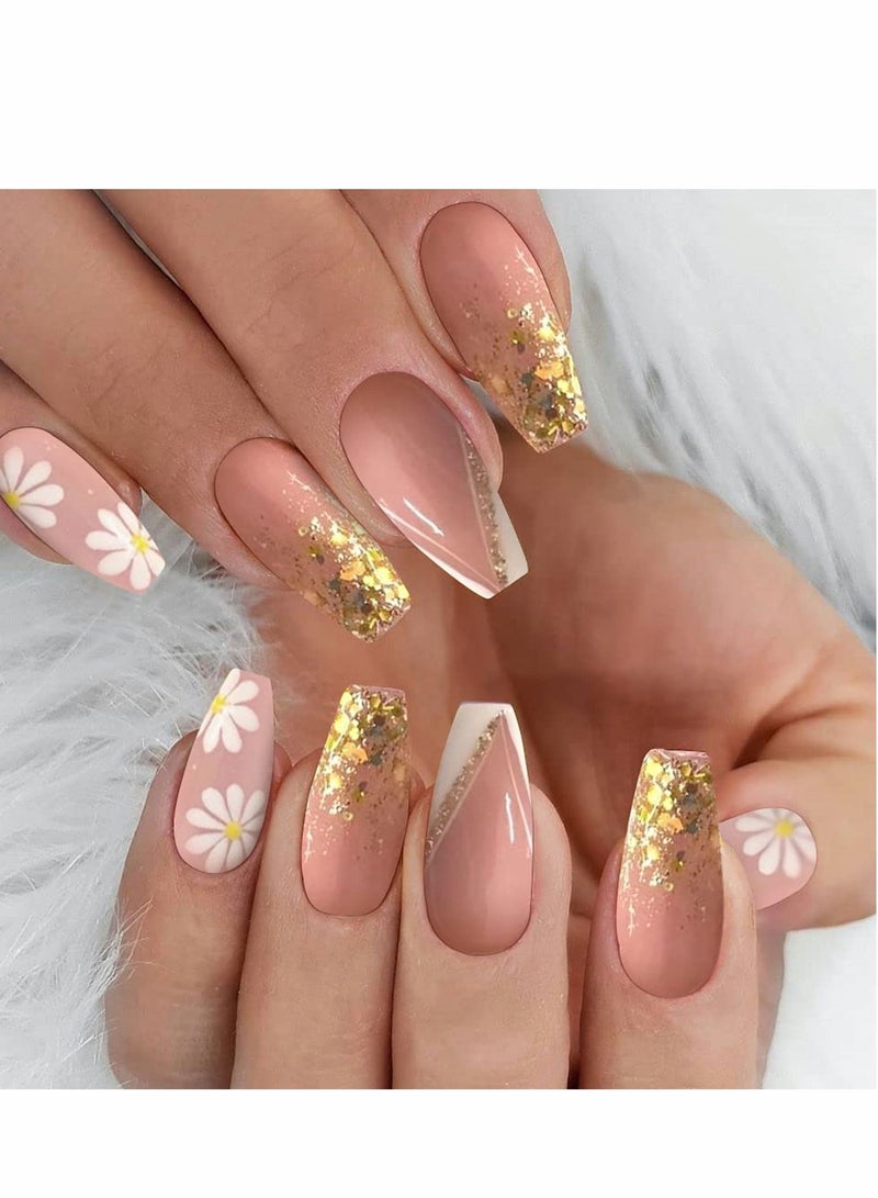 Press on Nails, 24PCS Glossy French Tips Square Shape Glue on Nails, Cute Flower Glitter Sequins Gradient Pink Full Cover Fake Nails with Designs, Acrylic False Nails for Women Girls DIY Manicure