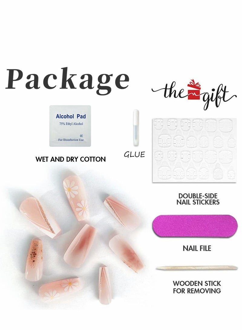 Press on Nails, 24PCS Glossy French Tips Square Shape Glue on Nails, Cute Flower Glitter Sequins Gradient Pink Full Cover Fake Nails with Designs, Acrylic False Nails for Women Girls DIY Manicure