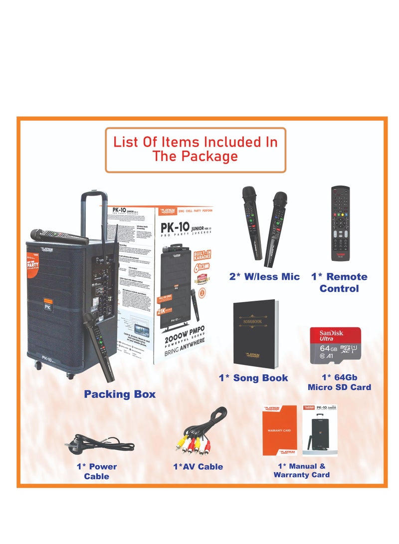PLATINUM PK10 KARAOKE TROLLY SPK & PARTY JUKEBOX PA SYSTEM WITH 2 W/L MIC HUGE SONG LIBRARY 23K + MIXED LANGUAGE INDIAN ENGLISH &FILIPINO KARAOKE SONGS BUILT-IN & RECHARGEABLE 5/6 HOURS BATTERY BACKUP