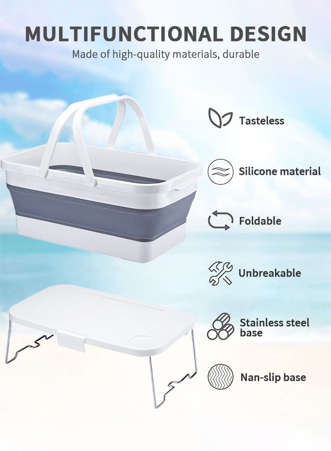 Folding Picnic Basket with Handle&Lid, Multifunctional Foldable Picnic Basket Silicone Tub, Portable Picnic Bag, Fruit&Vegetable Storage Container Sink For Picnik Camping