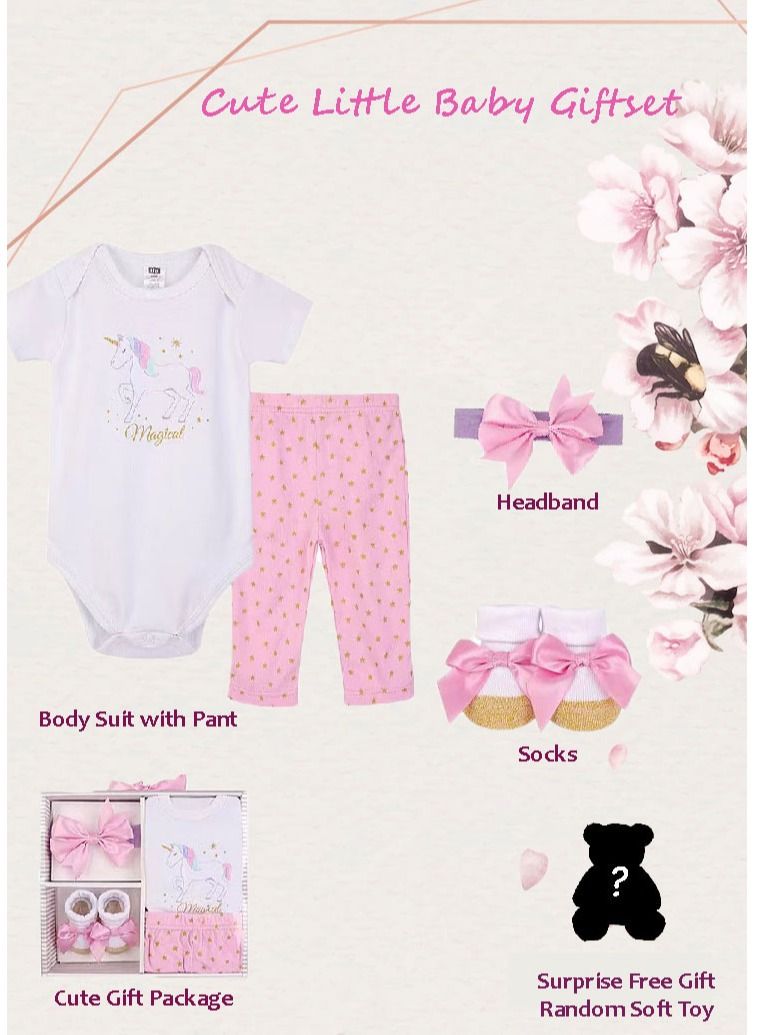 Newborn Baby 4 pcs Cute Giftset with Bodysuit and Pant for Girls 4 in 1