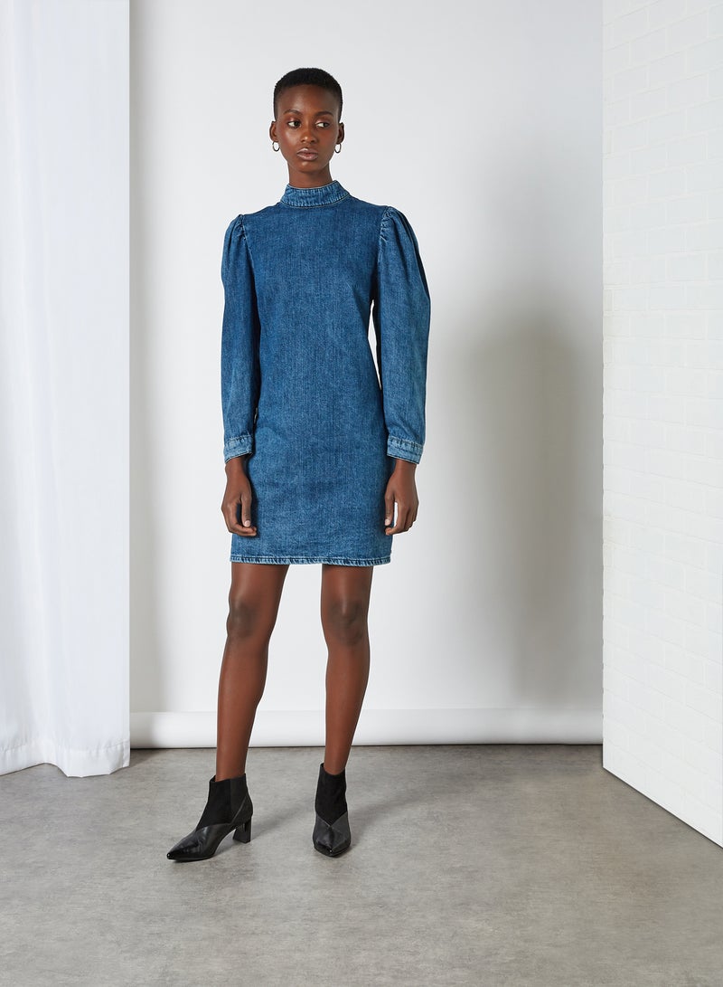 High Neck Denim Mini Dress Blue