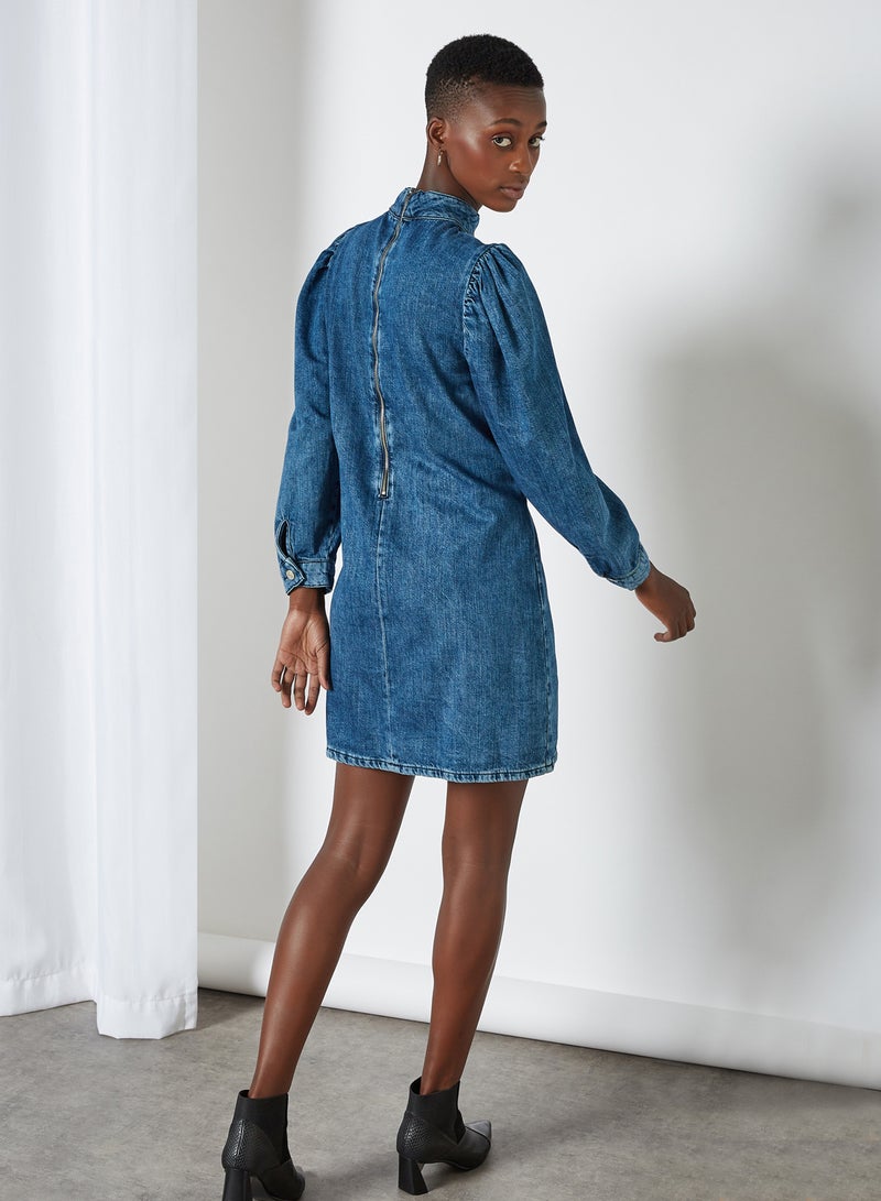 High Neck Denim Mini Dress Blue