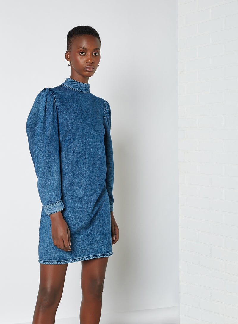 High Neck Denim Mini Dress Blue