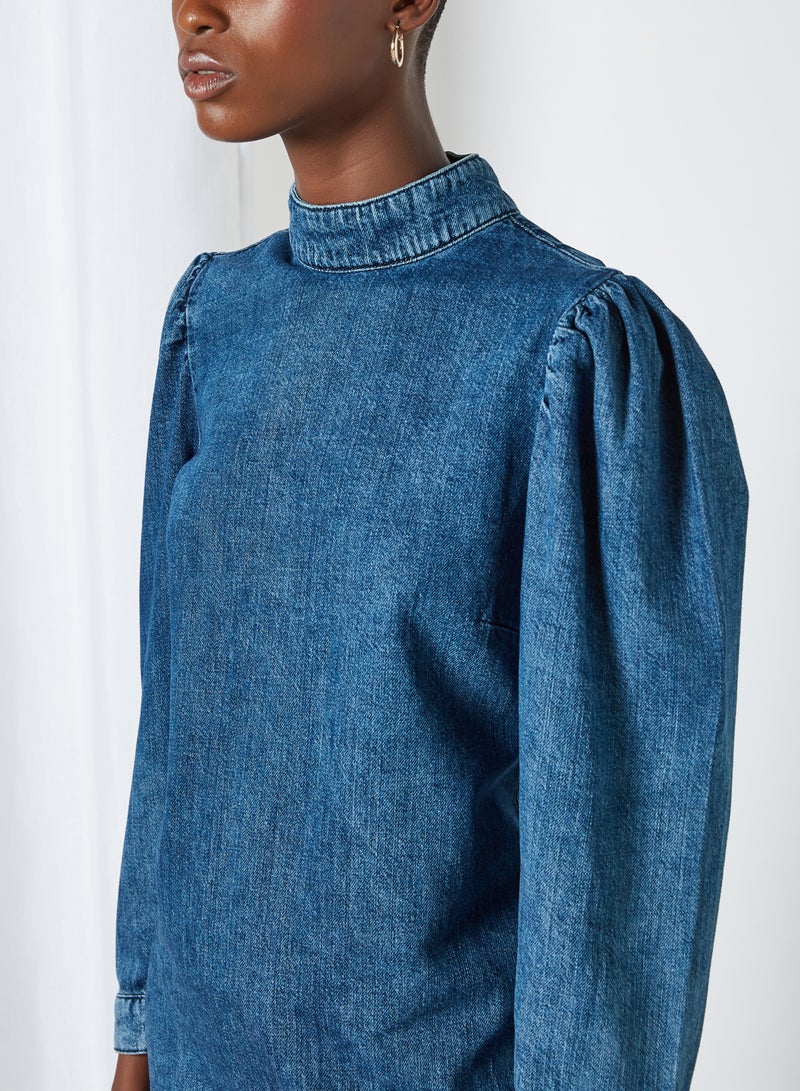 High Neck Denim Mini Dress Blue