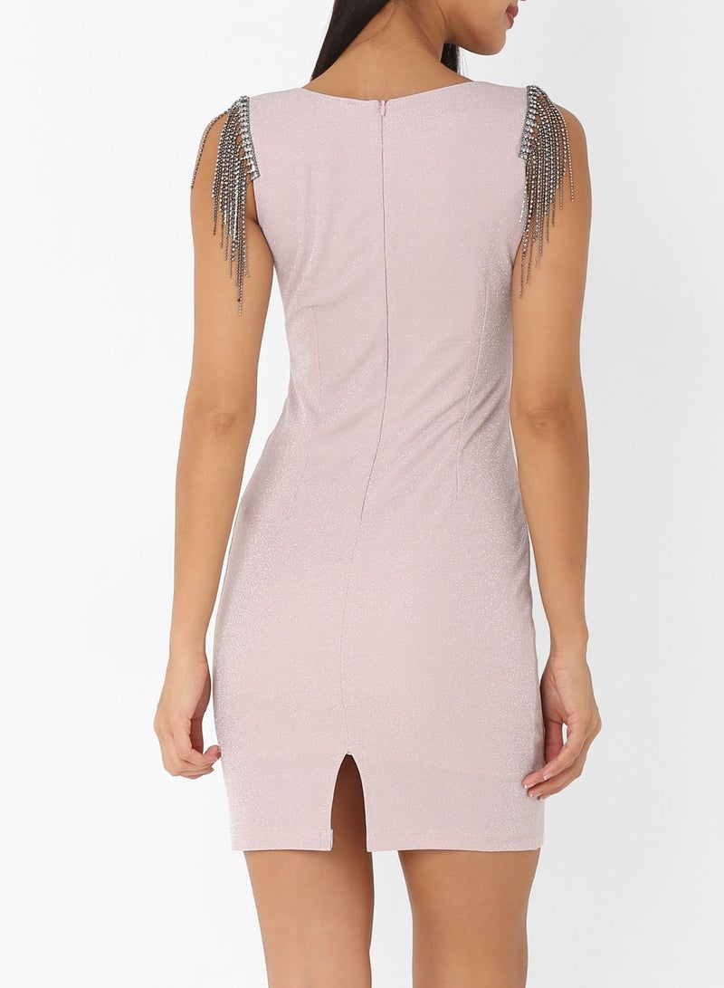 Shoulder Embellished Shimmer Dress Pink