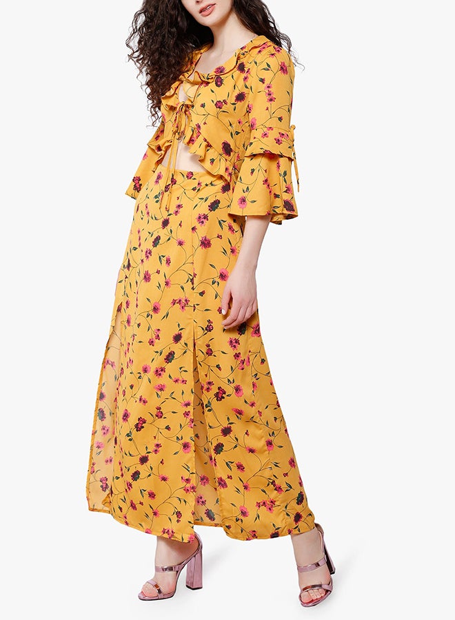 Floral Print Tie Front Sleeve Maxi Dress Yellow