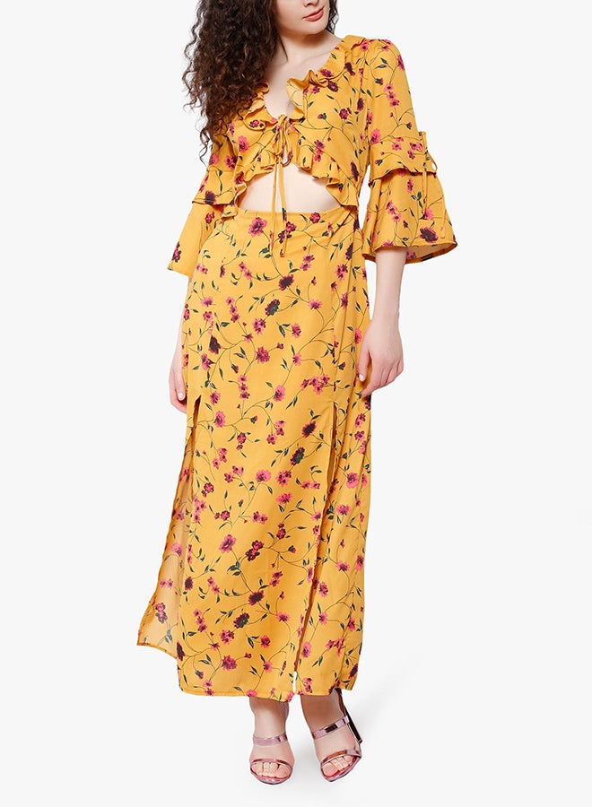 Floral Print Tie Front Sleeve Maxi Dress Yellow