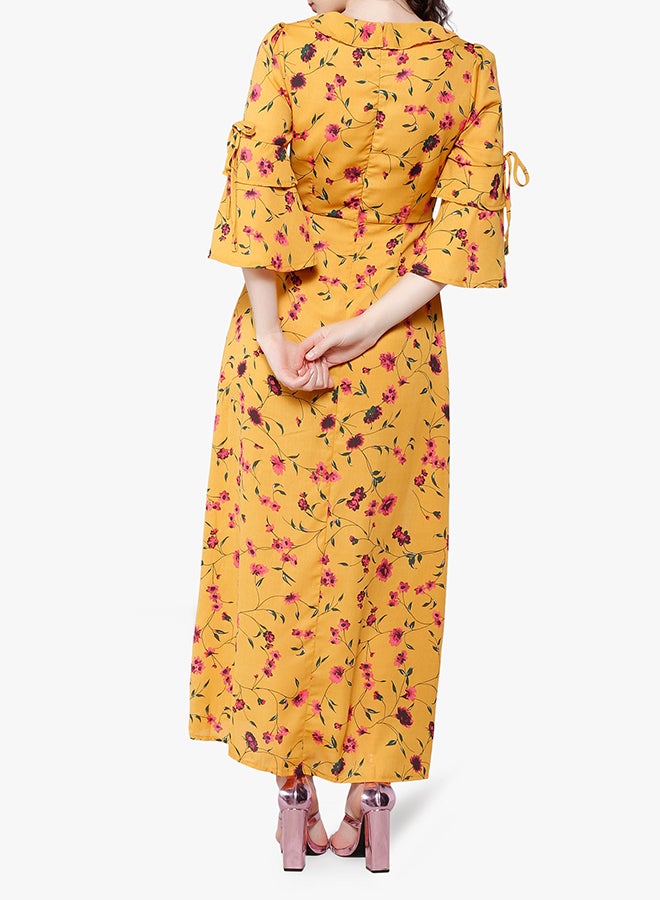 Floral Print Tie Front Sleeve Maxi Dress Yellow