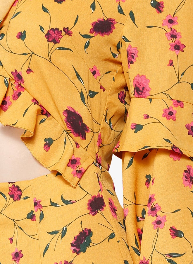 Floral Print Tie Front Sleeve Maxi Dress Yellow