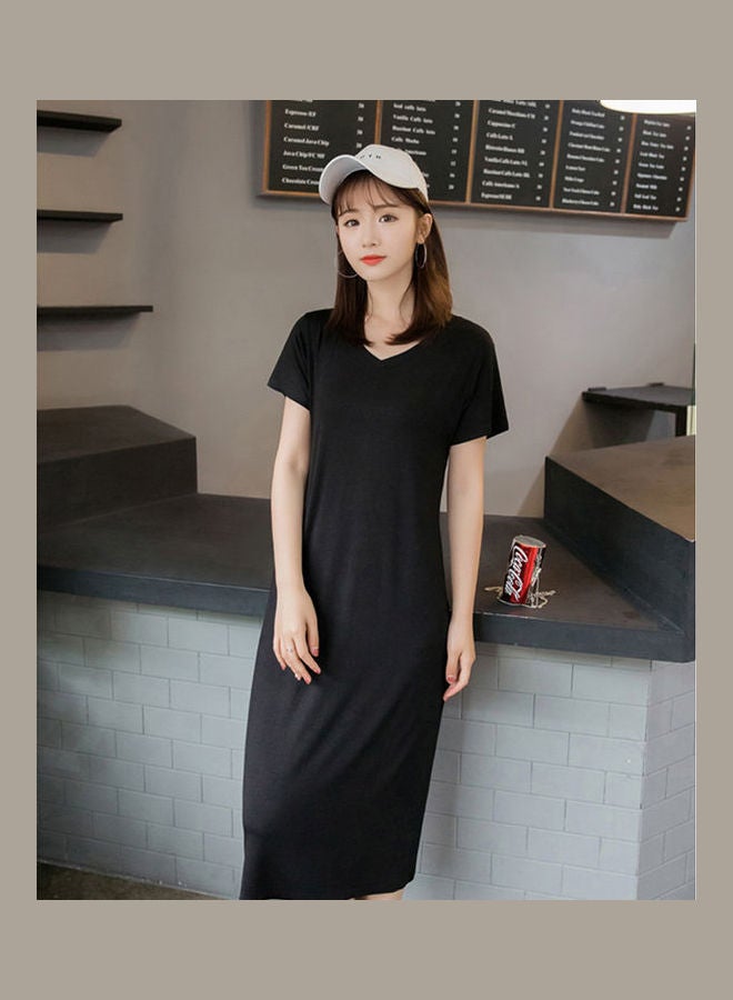 Women Summer Simple Casual Solid Color V-neck Short Sleeve Long Dress Black