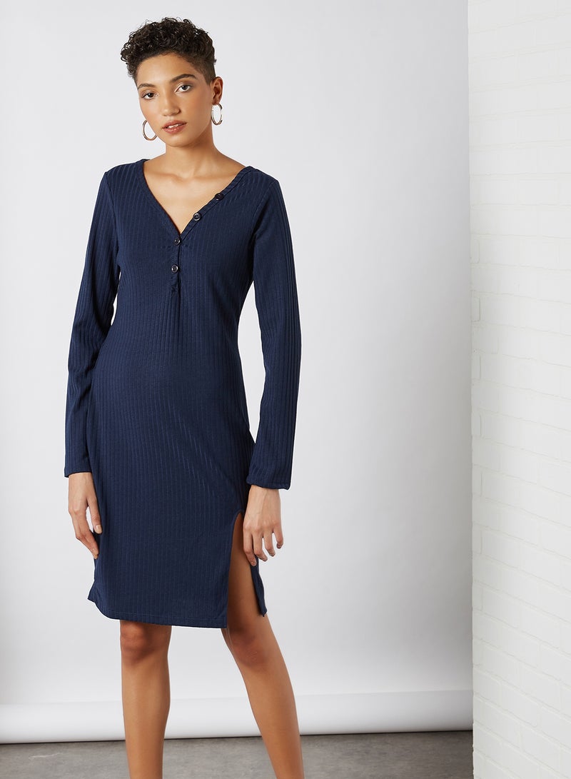 Ribbed Side Slit Dress Navy