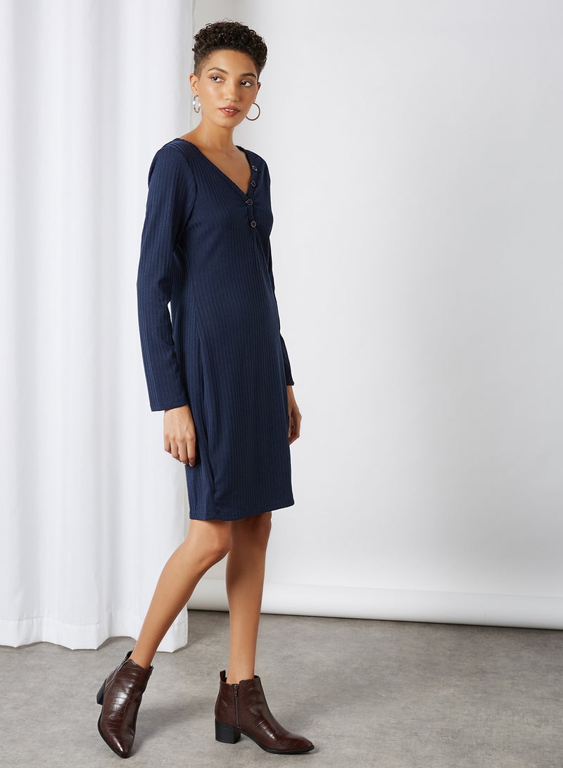 Ribbed Side Slit Dress Navy