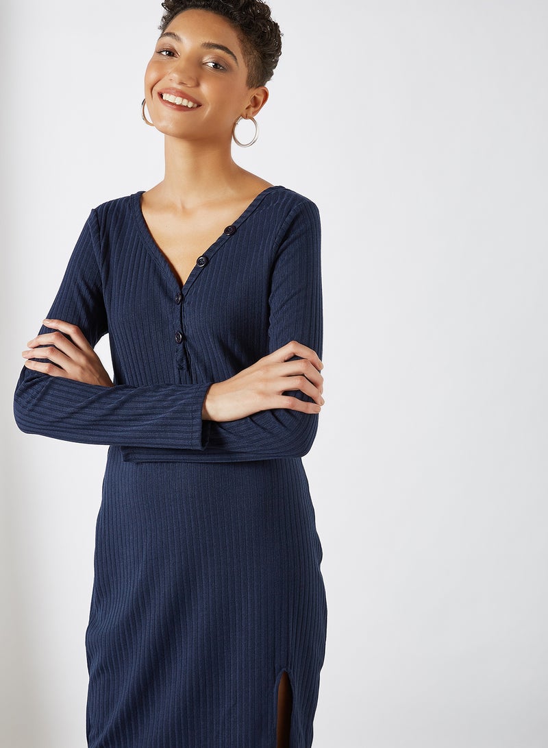 Ribbed Side Slit Dress Navy