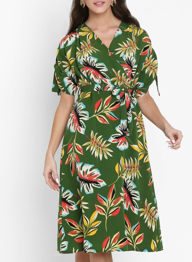 Leaf Printed Wrap Front Dress Green