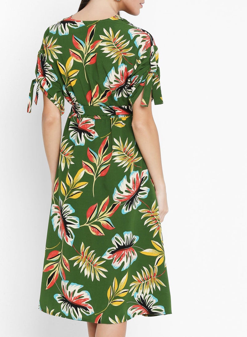 Leaf Printed Wrap Front Dress Green