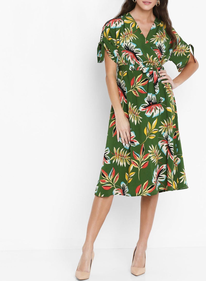 Leaf Printed Wrap Front Dress Green