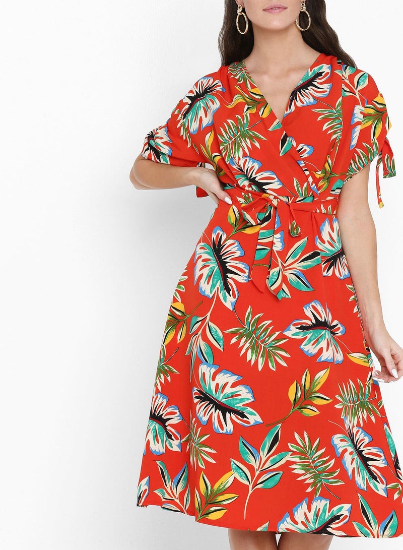 Leaf Printed Wrap Front Dress Red