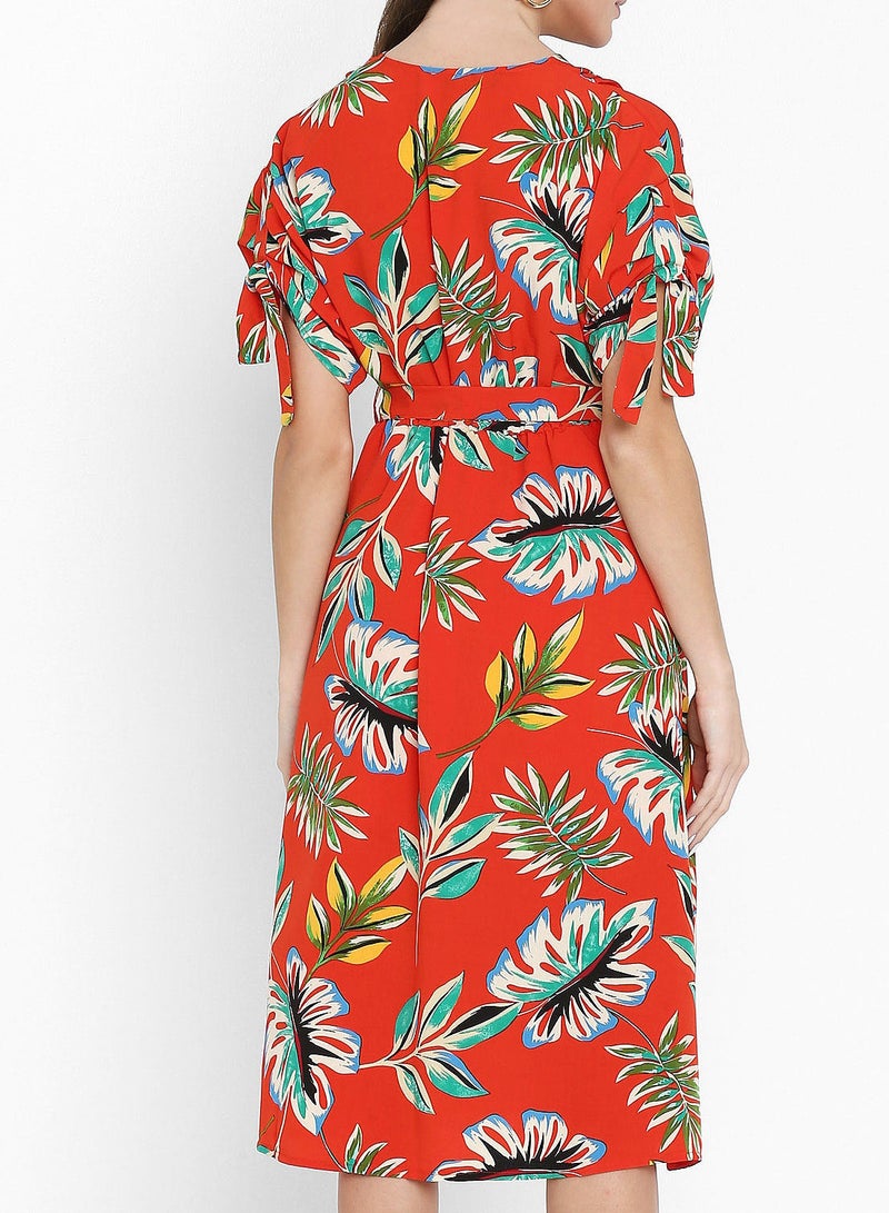 Leaf Printed Wrap Front Dress Red