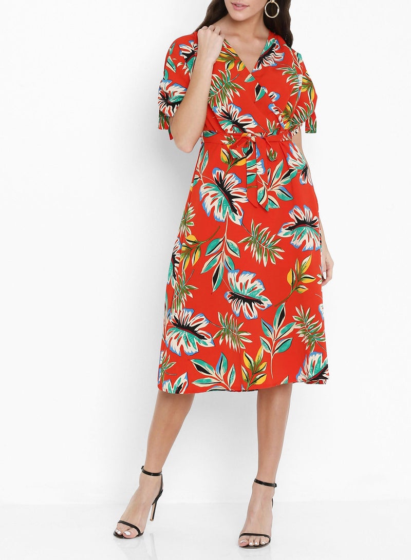 Leaf Printed Wrap Front Dress Red