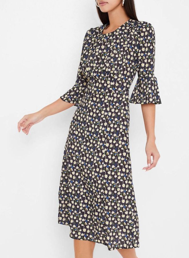 Floral Patterned Dress Black/White/Blue