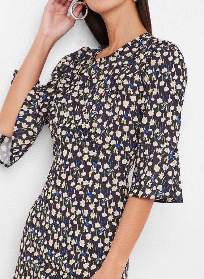 Floral Patterned Dress Black/White/Blue