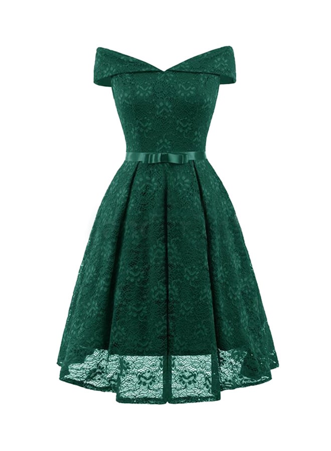 Lace Off Shoulder Bow Pleated A-Line Dress Green