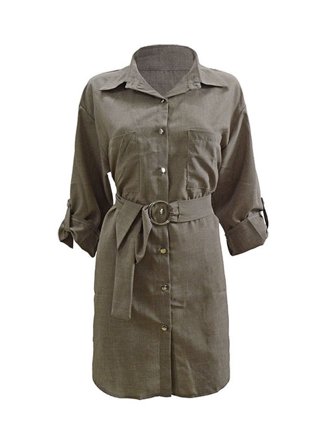 Solid Collered Neck Dress Khaki