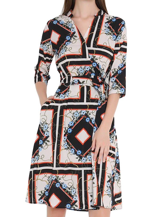 Belted Wrap Detail Short Sleeve Dress Multicolour