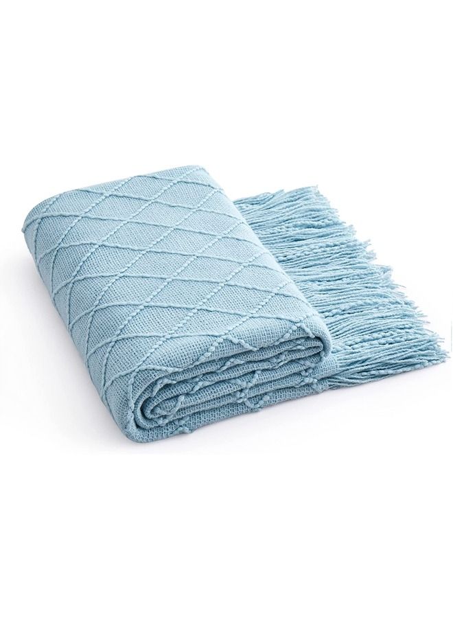 Soft Cozy Knit Blanket with Tassels for Couch and Bed Blue