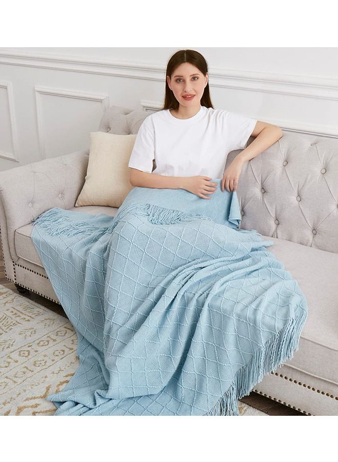 Soft Cozy Knit Blanket with Tassels for Couch and Bed Blue