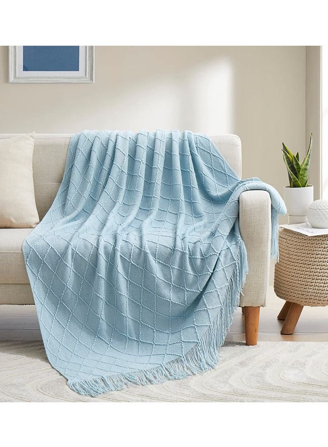 Soft Cozy Knit Blanket with Tassels for Couch and Bed Blue