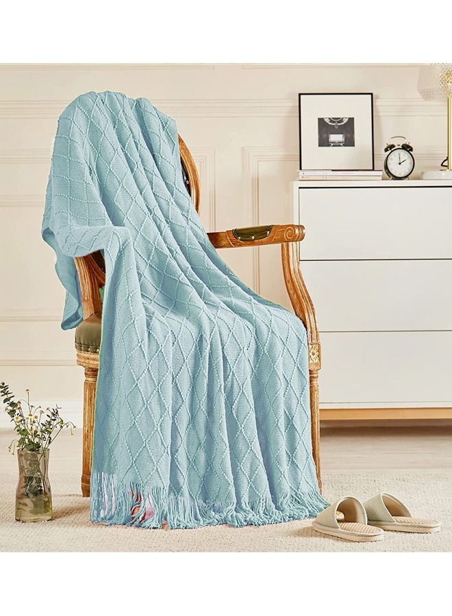Soft Cozy Knit Blanket with Tassels for Couch and Bed Blue
