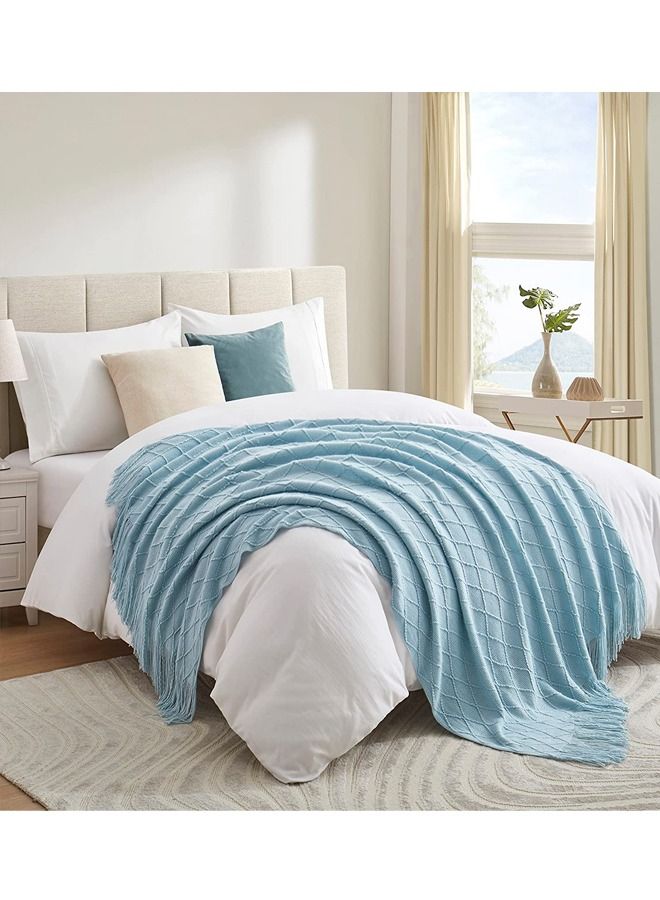 Soft Cozy Knit Blanket with Tassels for Couch and Bed Blue