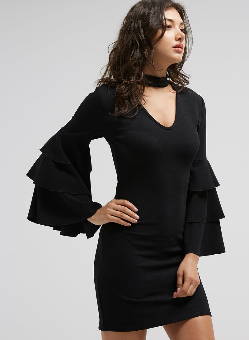 Triple Frill Sleeve Bodycon Dress Black
