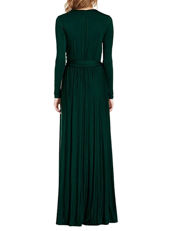 Plunge Neck Wrapped Tie Waist Slit Hem Maxi Dress Green