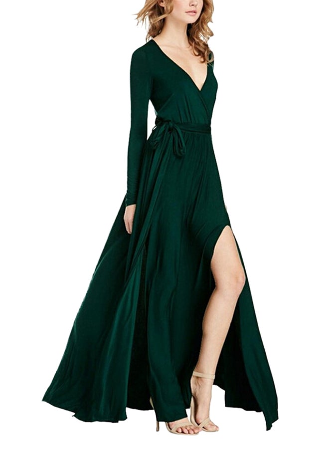 Plunge Neck Wrapped Tie Waist Slit Hem Maxi Dress Green