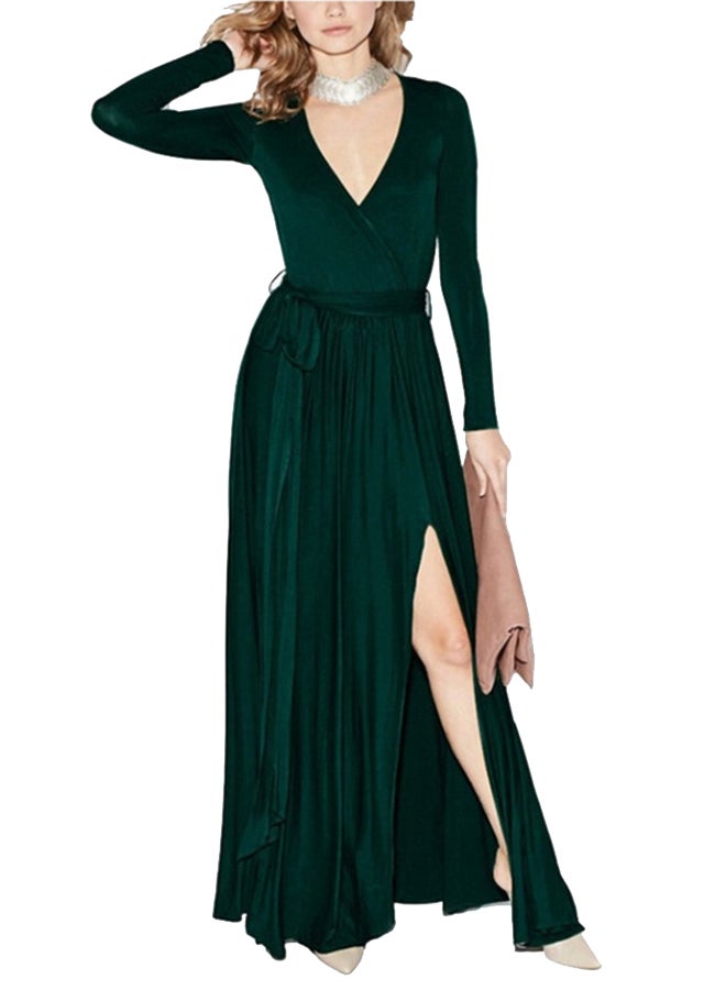 Plunge Neck Wrapped Tie Waist Slit Hem Maxi Dress Green