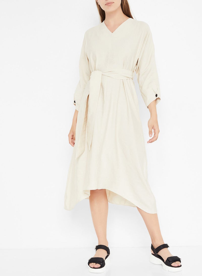 Belted Dipped Hem Dress Beige