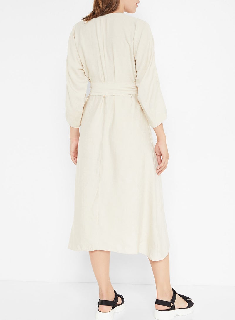 Belted Dipped Hem Dress Beige