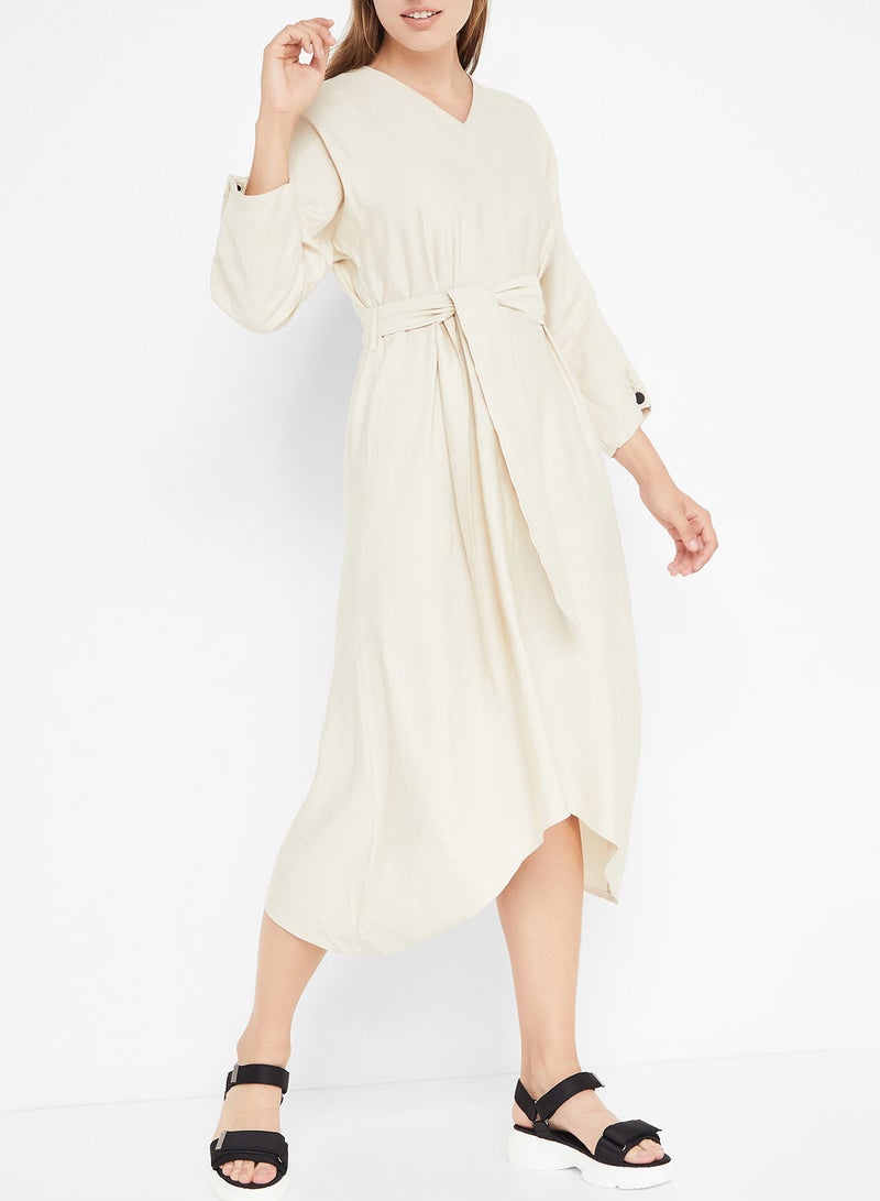 Belted Dipped Hem Dress Beige