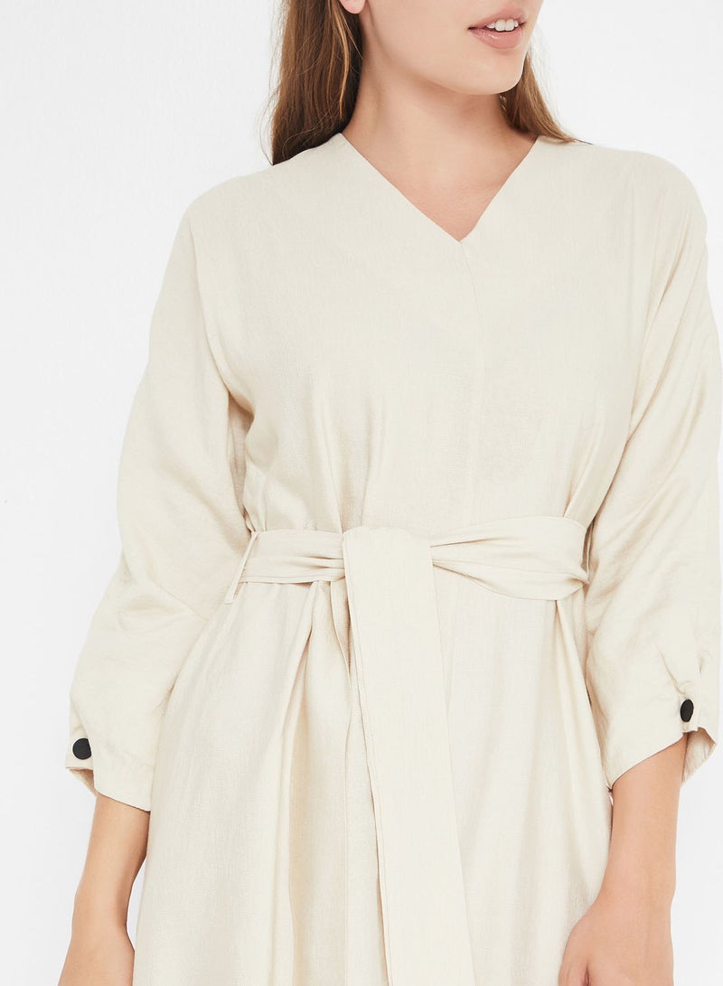 Belted Dipped Hem Dress Beige