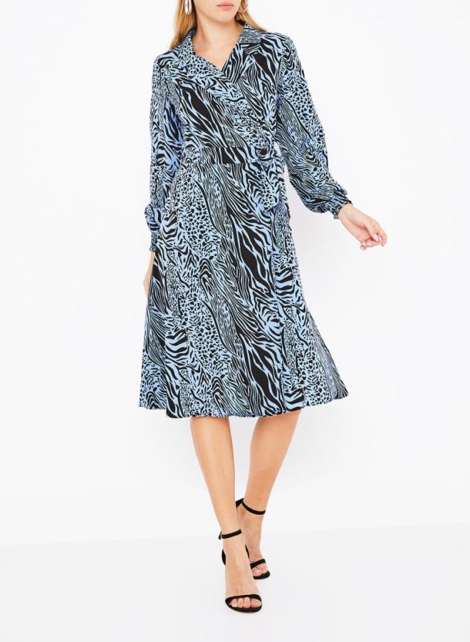 Animal Printed Collared Neck Midi Dress Blue/Black