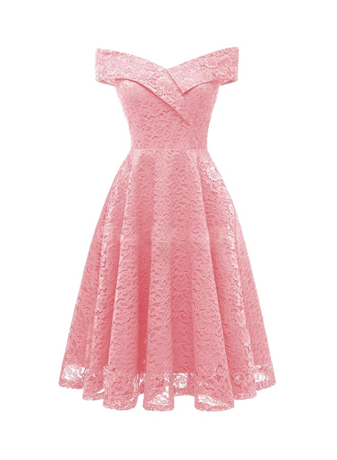 Embroidery Vintage Lace Off Shoulder Short Sleeve Dress Pink