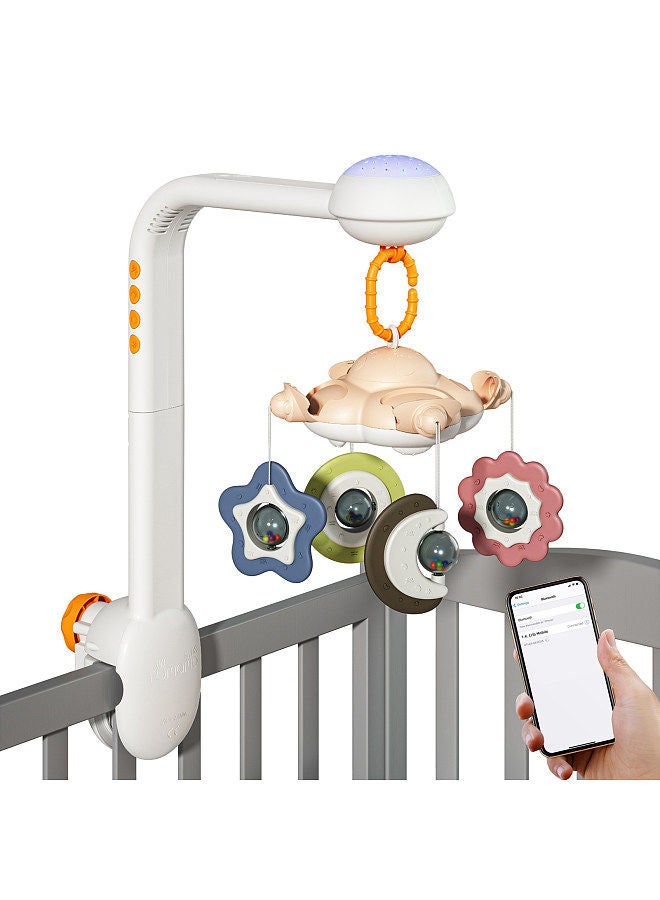 Baby Crib Mobile with Projection Night Light Soothing Music White Noise Hanging Rattle Toys 360° Rotatable Wireless BT Connection Nursery Soother Toy for Infants Toddlers
