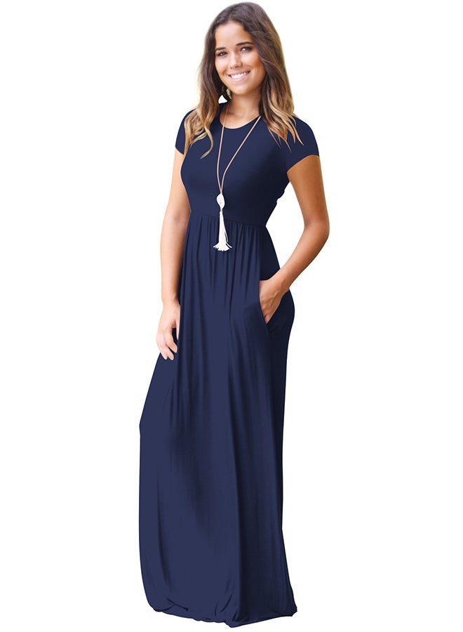 Round Neck Gathered Dress Navy Blue