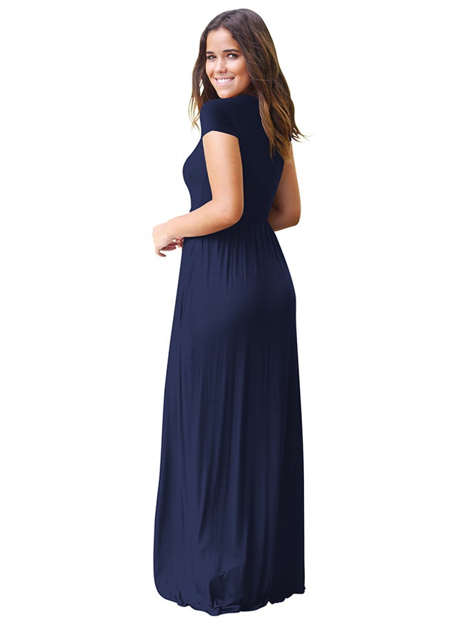Round Neck Gathered Dress Navy Blue