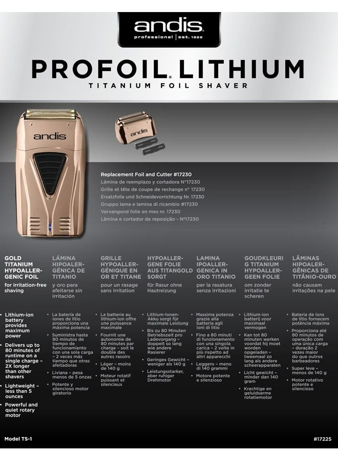 Andis Copper ProFoil Lithium Titanium Foil Shaver 17225, Shavers for men & women, Rechargeable hair shaver with Powerful Motor, Professional Hair shaver