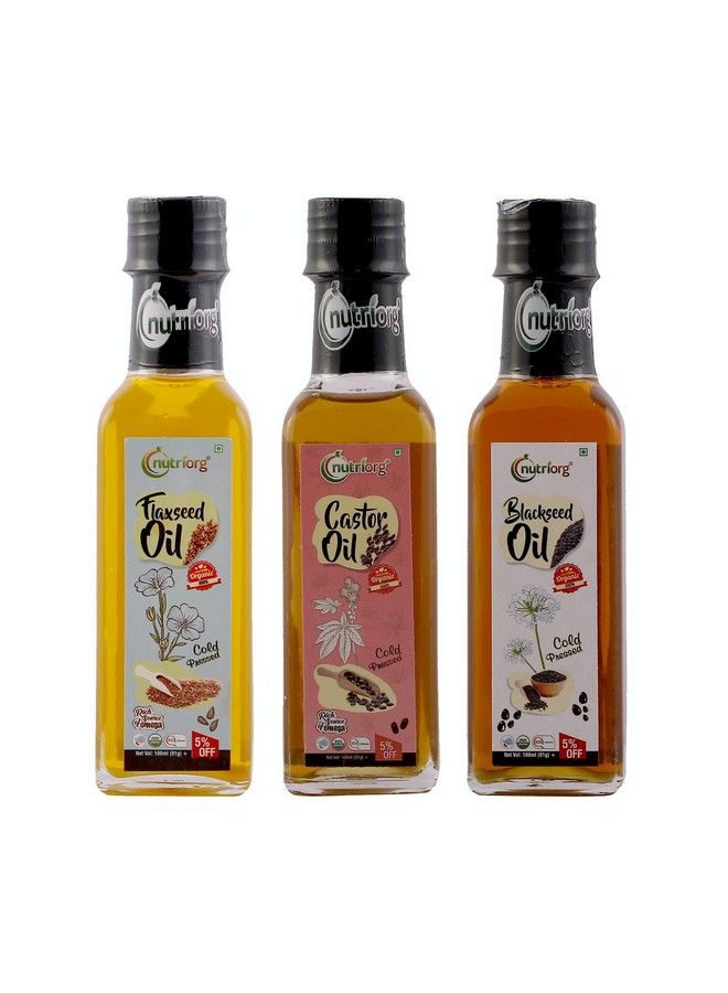 Cold Pressed Organic Flax Seed Oil & Castor & Black Seeds Oil ( Pack Of 3* 100 Ml) ; With Deep Nourishing Properties ; Weight Management ; Hair & Skin Care