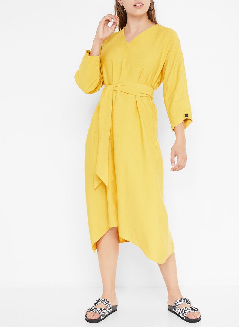 Belted Dipped Hem Dress Yellow